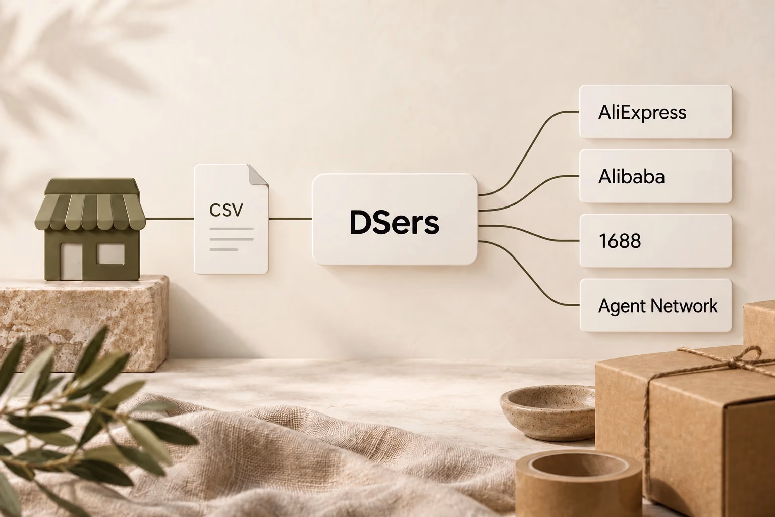 A store connects through CSV and DSers to four separate sourcing channels